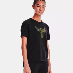 Under Armour Women's Project Rock Bull Short Sleeve 1370973-001 Black / Drab NWT